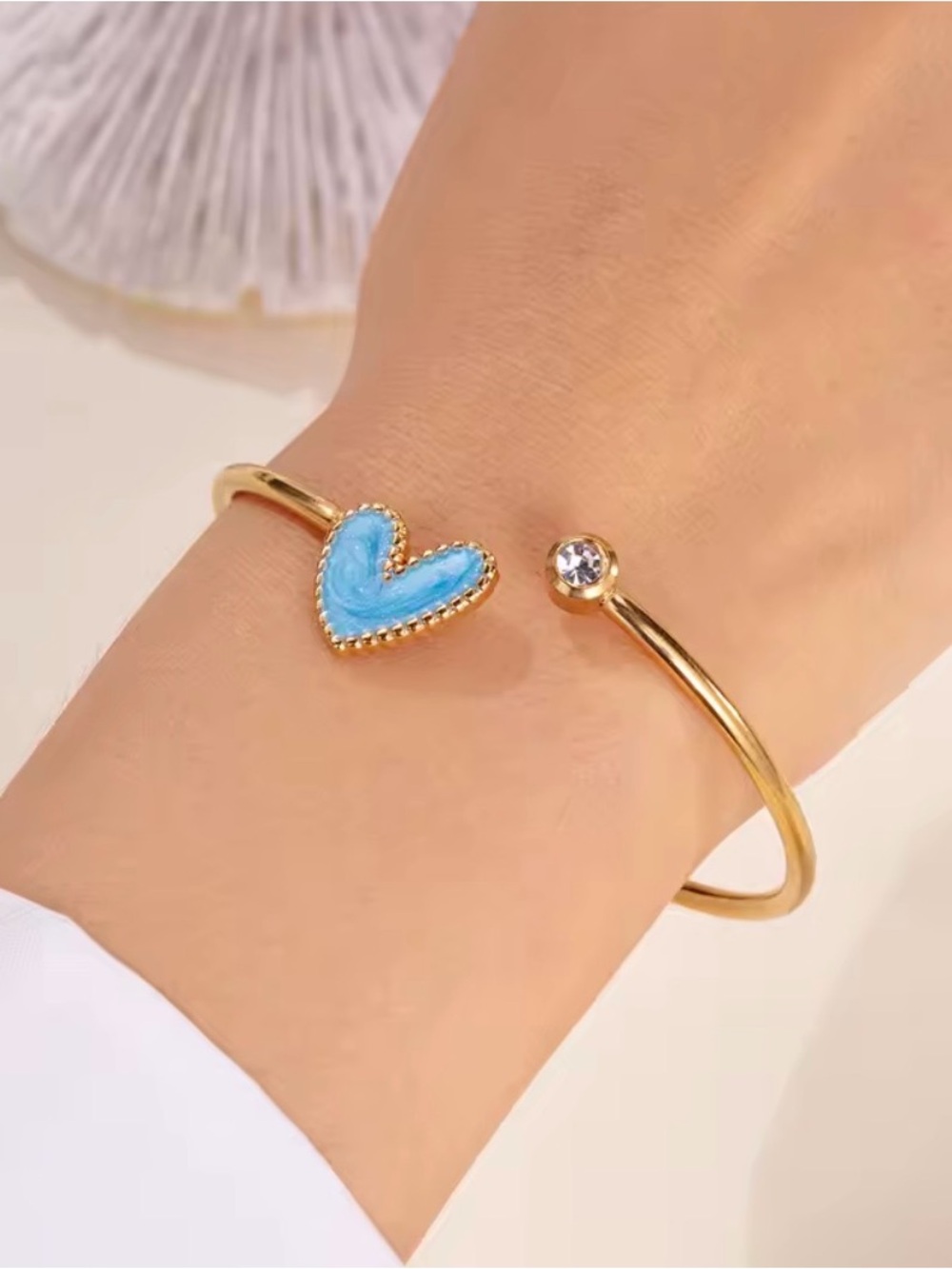 Gold Heart Cuff Bracelet with Blue Enamel Accent - Picture 3 of 4